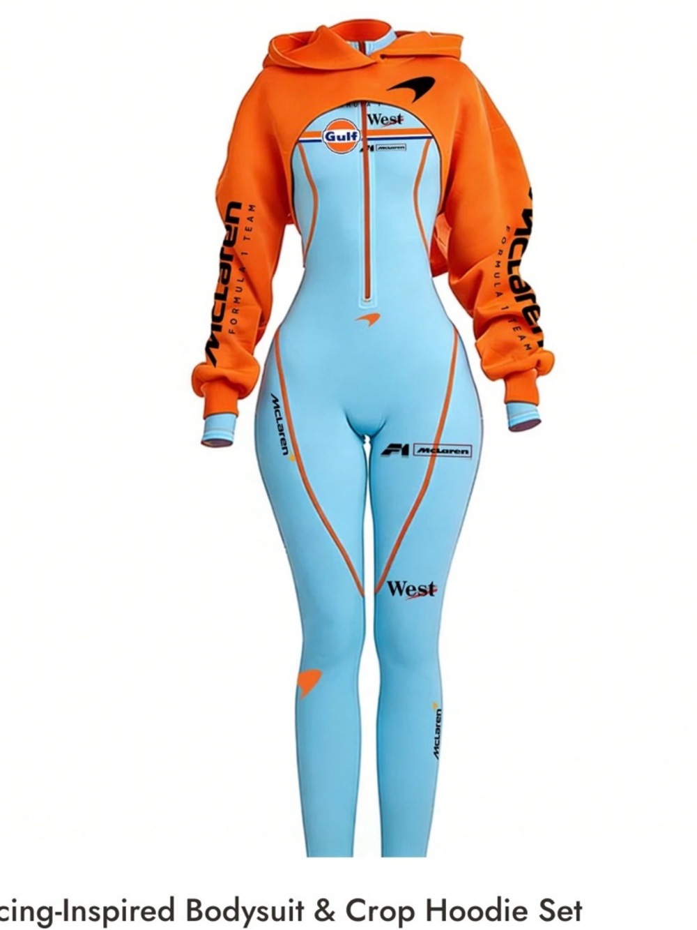 -Inspired Women's Jumpsuit & Crop Hoodie in Light Blue & Orange